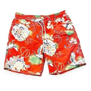 Polo Ralph Lauren Swim Trunks Mesh Liner Pockets Asian Print Cranes Orange Large